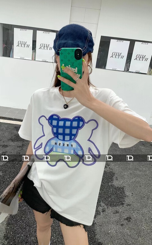 New in early summer! [tangdou original] bear hot drill Pullover short sleeve T-shirt 9530# WTT