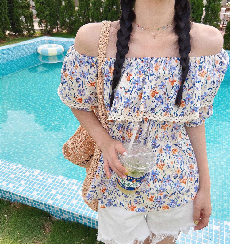 [Lina] French style shoulder Style Floral blouse 8958# zxx