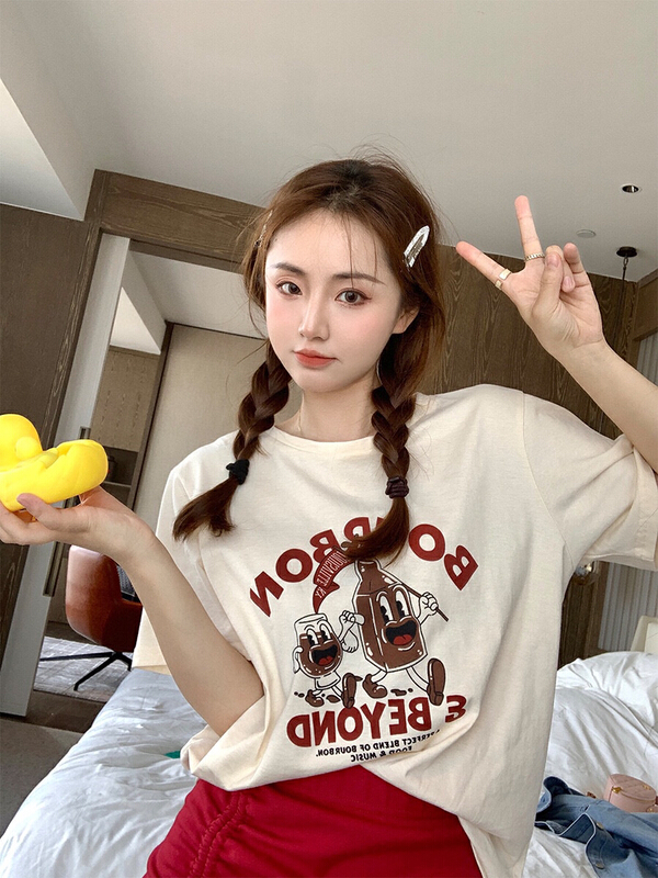[wgwe] versatile casual cartoon graffiti design sense round neck loose thin short sleeve T-shirt 1797# PCZ