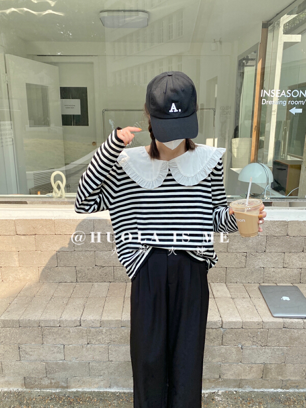 New year in early spring! [hot Huola is me] ruffled doll neck stripe bottomed long sleeve T-shirt 7535# cqw