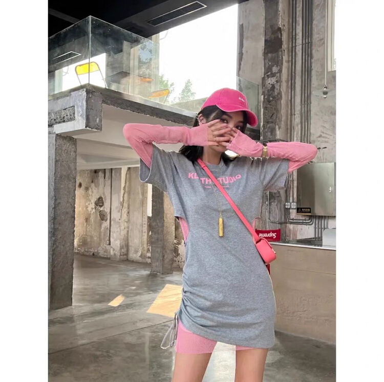 [jun.t] personalized letter drawstring hollow out dress + solid color mesh blouse two-piece suit 5745# PCZ