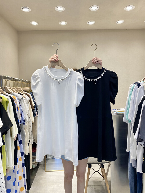 【K】 Little women's round neck bubble sleeve dress (chain can't be removed) 5199# JJ