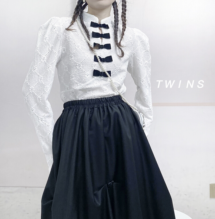 New year in early spring! [twins] lace Jacquard material Guofeng small stand collar bow and buckle small shirt 8029# hjy