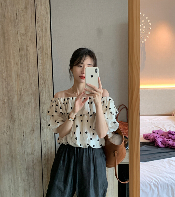 [Guwan] French style one shoulder wave dot blouse 5589# zxx