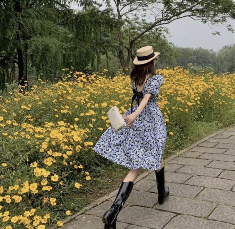 [Amy] pleated lady floral dress y8853# JJ