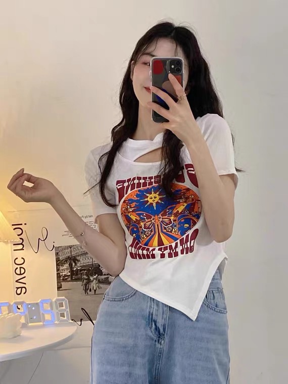 [Anan +] Korean elastic irregular print Pullover short sleeve T-shirt 2079# WTT