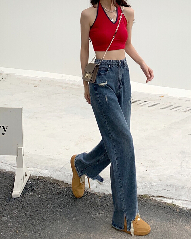 New in early summer! [four seasons] design sense slit hole High Waist Wide Leg Jeans 8887# LSL
