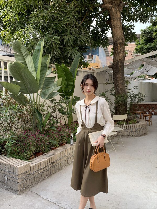 [woo shop] simple baby collar shirt + solid color suspender skirt two piece suit 32813# WPL