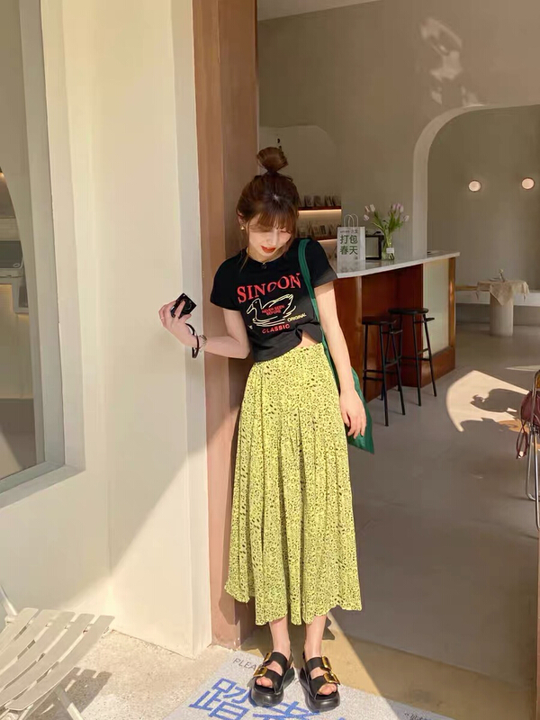 [by] printed short T-shirt + Green leopard elastic waist skirt set 7132# Cl