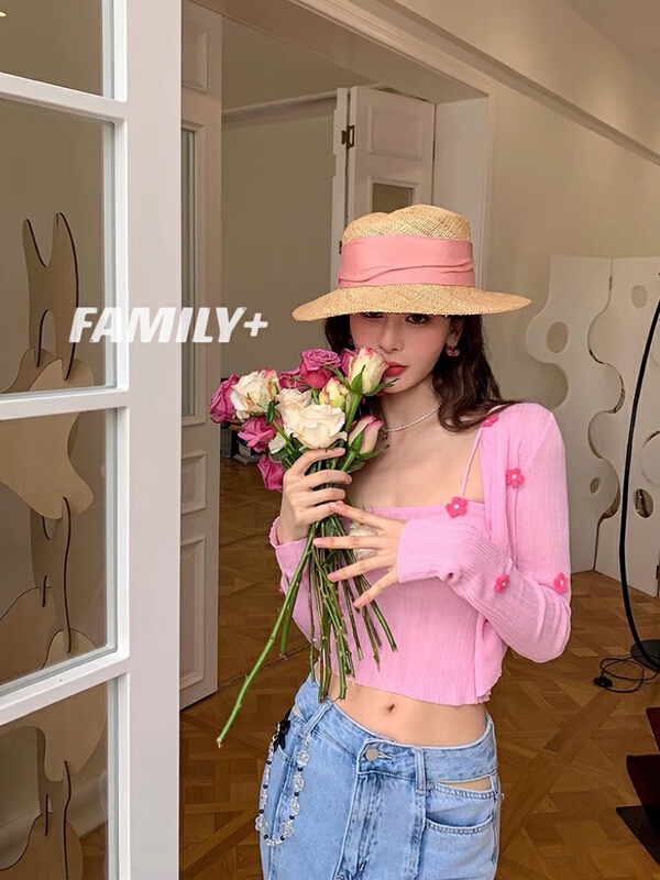 [family +] temperament one character flower ice silk suspender + ice silk sunscreen knitted cardigan suit 22226# ozq