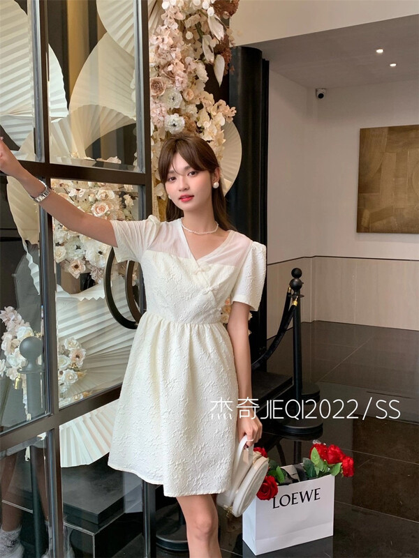 [Jieqi] Korean V-neck sweet buckle dress 88578# zxx