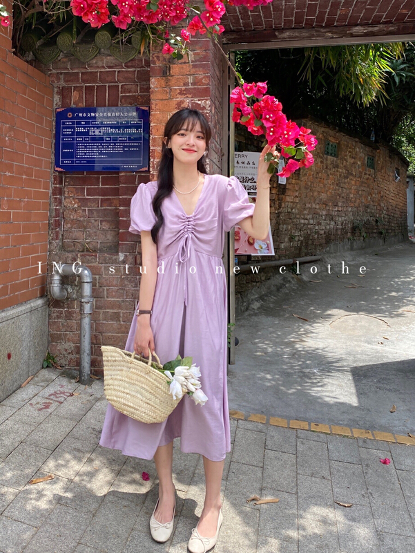 [ing] French style V-neck bubble sleeve drawstring dress ing-7733# HBx