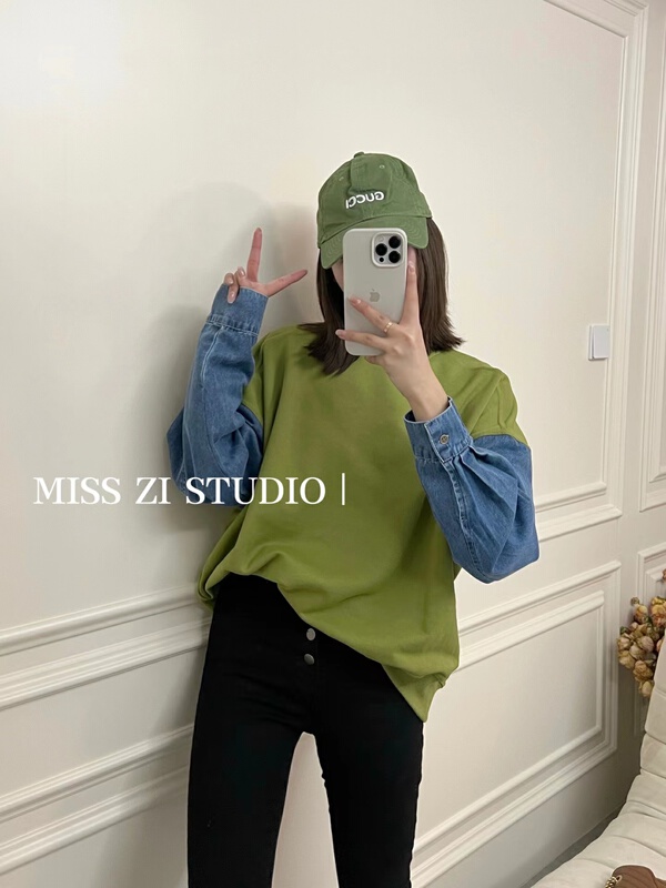 [miss Zi] Korean color blocking denim sleeve loose sweater 2275# cqw