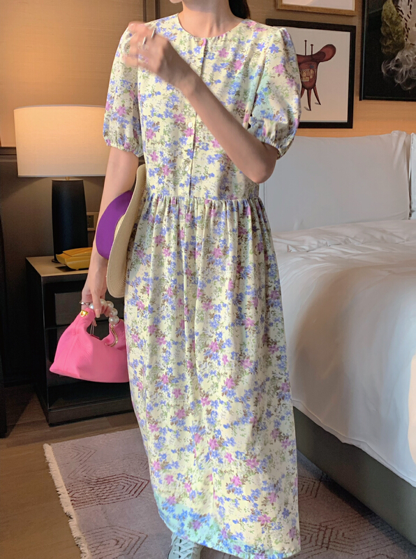 New in early summer! [finoa] Korean casual floral contrast round neck loose dress 1020# CLS