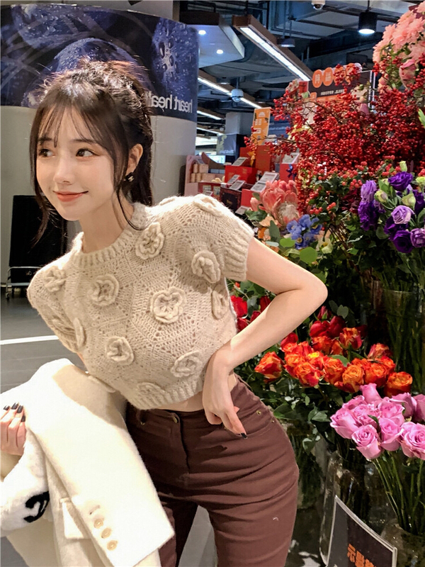 goods in stock! [y.jia Yijia] three dimensional flower round neck hollow out short sleeve T-shirt ys1-217# PCZ