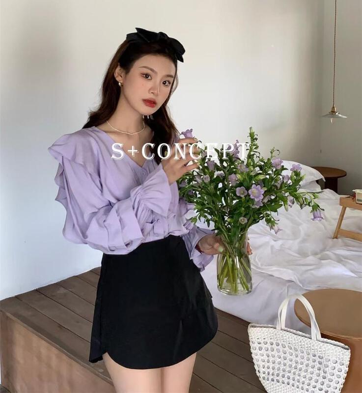 [S +] Korean solid color Ruffle V-neck shirt 8660# cqw