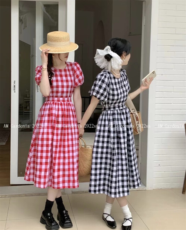 [am] Korean round neck Plaid Dress 3562# JJ