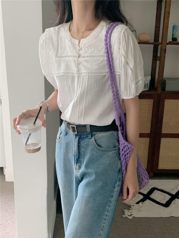 [lini] Korean style round neck temperament stitching shirt 221g020# zxx