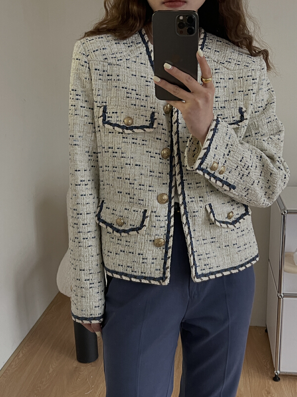 New year in early spring! [on line] advanced mixed color weaving temperament metal buckle V-neck short coat 6230# lwy