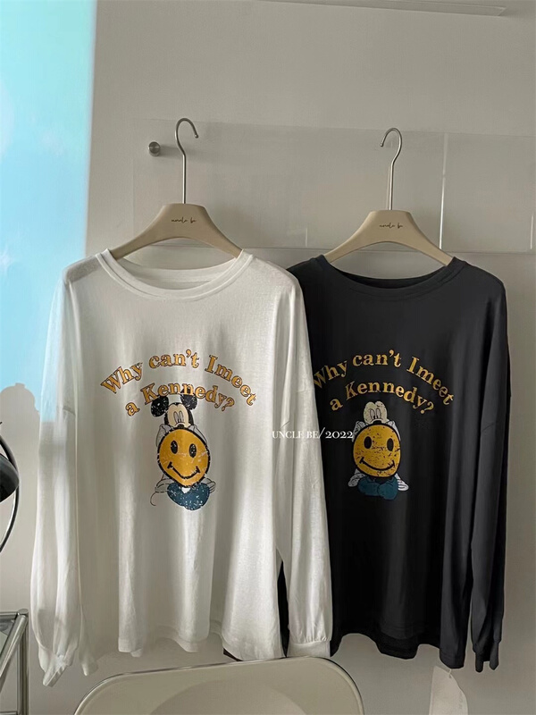 [UNC be] Korean loose smiling face Mickey printed long sleeve T-shirt 2101# XYY