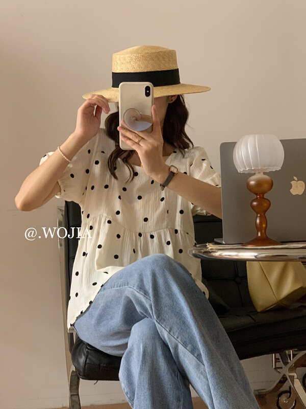 New in early summer! [Wo +] square neck bubble sleeve wave dot blouse 22533# zxx