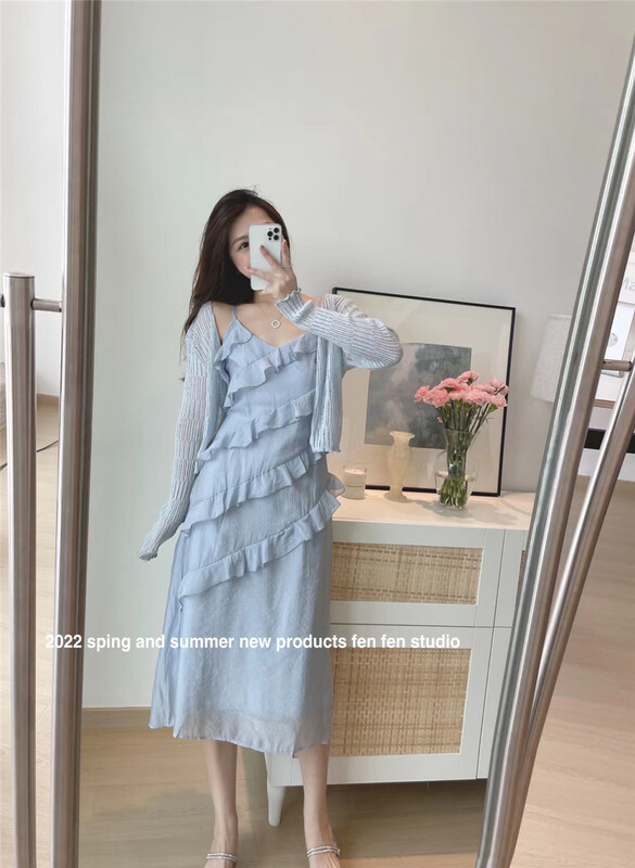 [fne fne] fashionable and versatile blouse + ruffled suspender dress set 9281# WPL