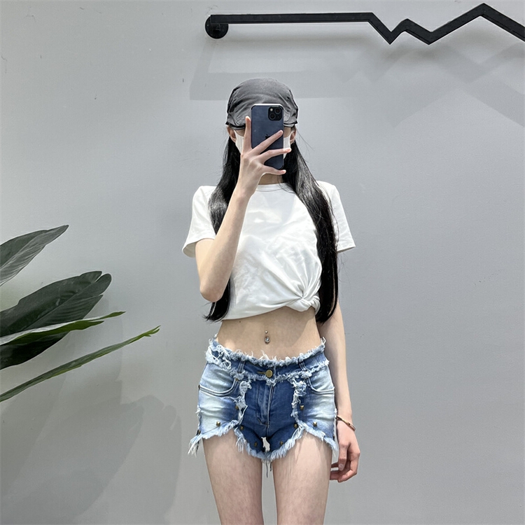 [Rebecca] pierced high waist versatile denim shorts 2311# Cl