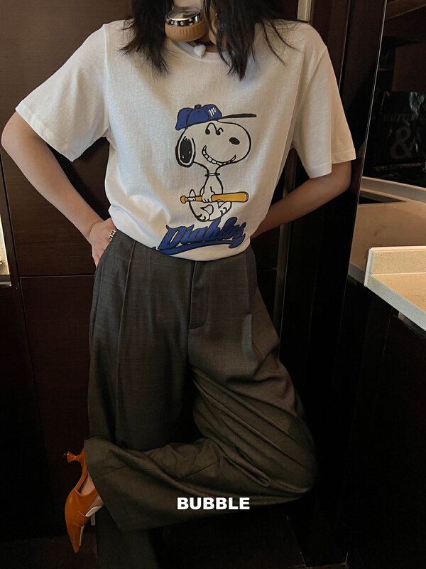 [bubble] Korean cartoon Snoopy printed short sleeve T-shirt 22t106# ozq