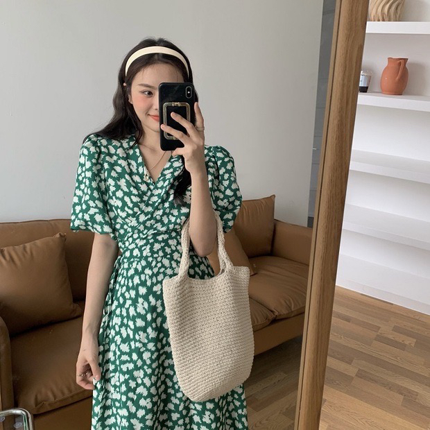 [y.jia Yijia] simple V-neck one piece bubble sleeve floral dress ys1-6755# PCZ