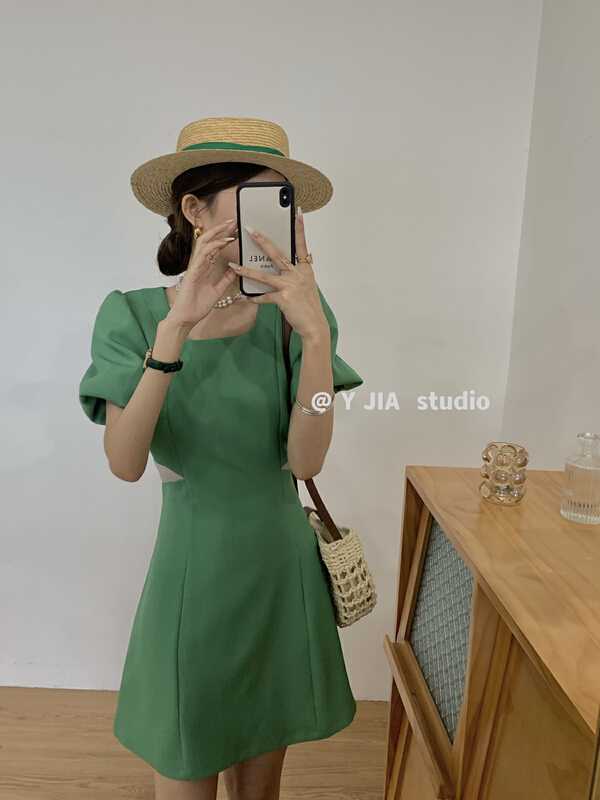 [y.jia Yijia] gentle square neck design bubble sleeve dress ys1-3358# PCZ
