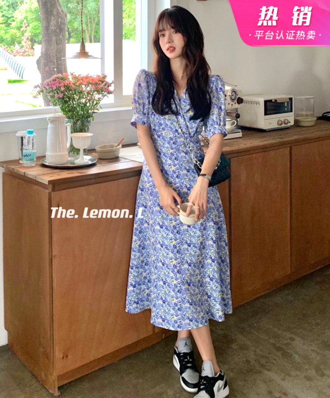 [lemon green tea] Korean style V-neck temperament, slim waist dress 2165# hjy