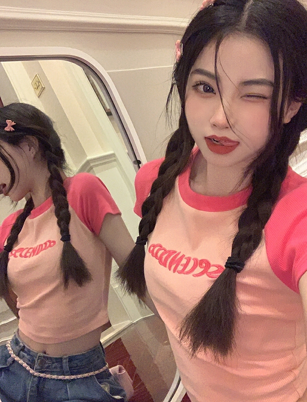 [YG] personalized color blocking letters short sleeved T-shirt 8556# lwy