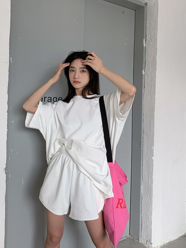 [rainbow] simple backless versatile solid T-shirt + loose casual Shorts Set 30116# WTT