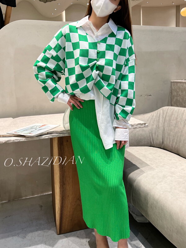 goods in stock! New year in early spring! [o.shazidian] Korean fashion checkerboard knitted cardigan (excluding matching) 6001# CSX