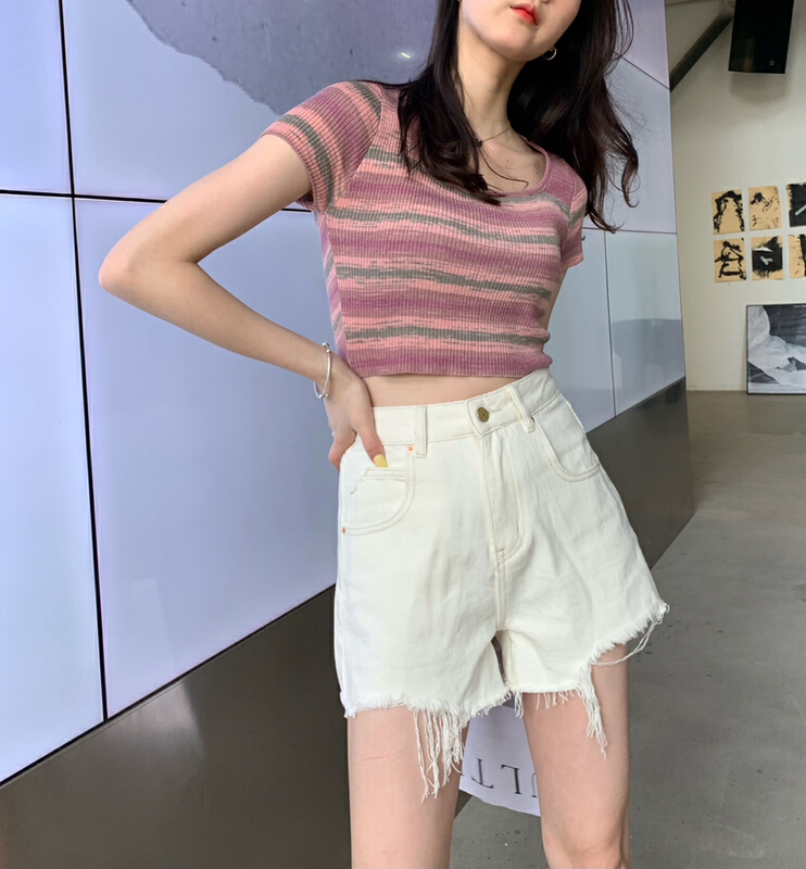 [1980] Korean trouser leg lace solid color versatile A-line denim shorts 2s65126t# zyh