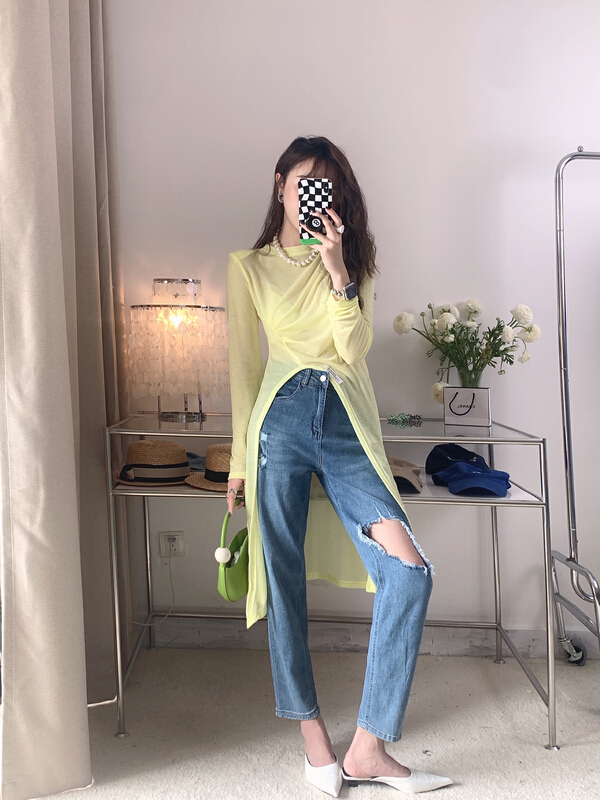 New in early summer! [Vanessa] snowflake cotton medium and long slit sunscreen shirt 6097# ozq