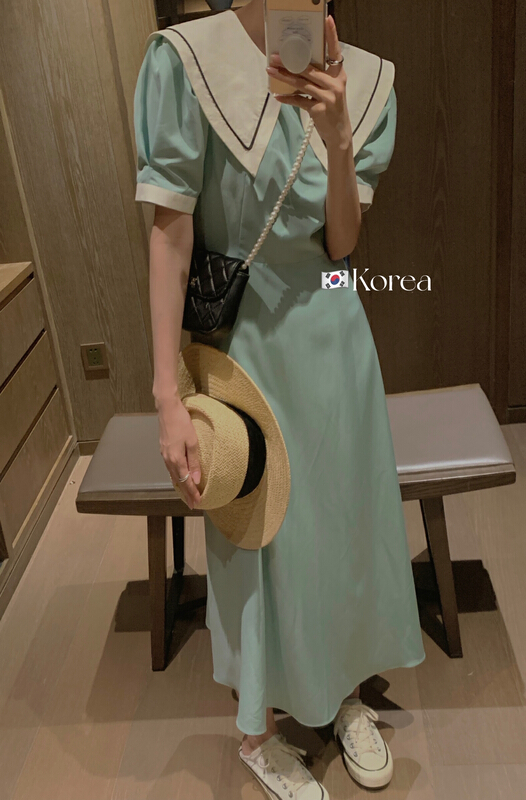 goods in stock! New in early summer! [finoa] fashion color blocking medium length dress 10395# CLS