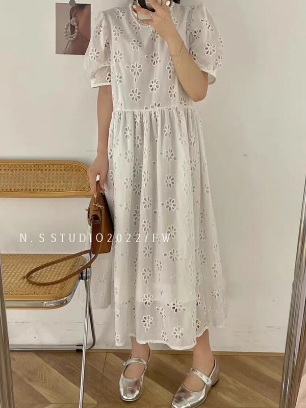 [N.S] Korean version soft wind hollow out jacquard round neck dress 5506# WPL