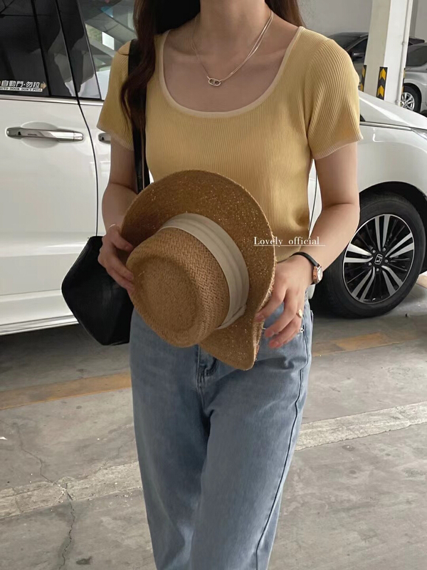 goods in stock! New in early summer! [lovely] slim U-neck contrast ice silk bead knit m0610# HBx