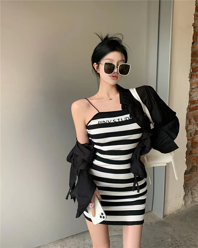 [HH] loose sunscreen shirt + slim striped dress two piece suit 8289# LSL