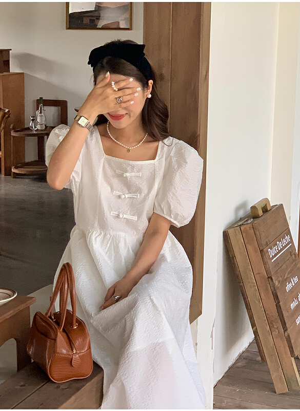 [the mind] Korean texture solid color square neck bubble sleeve dress 60308# XYJ