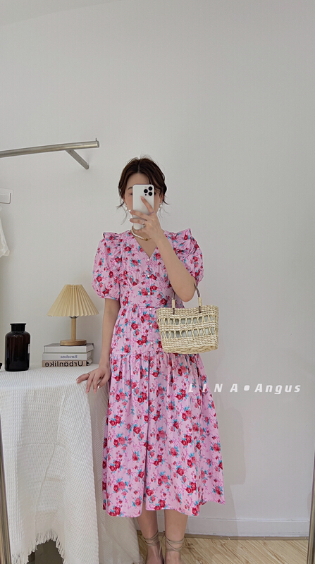 [Lina] French romantic fungus edge pearl button design V-neck dress 0135# hjy
