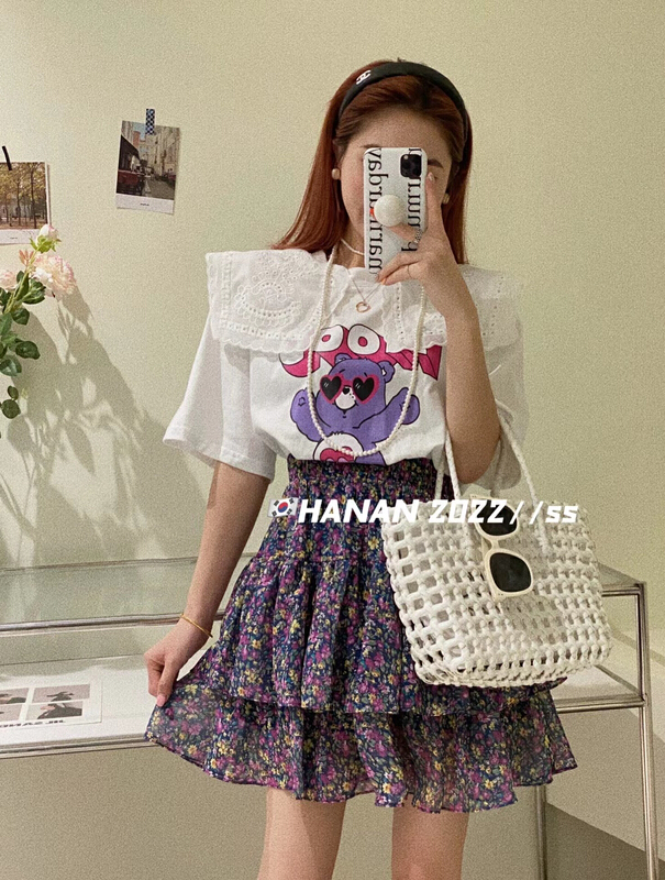 [Hanan] Korean versatile loose large doll neck bear short sleeve T-shirt 6199# LSL