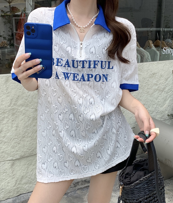 [our] Korean lace contrast three-dimensional embroidery short sleeved T-shirt (T-shirt only) 9969# LSW