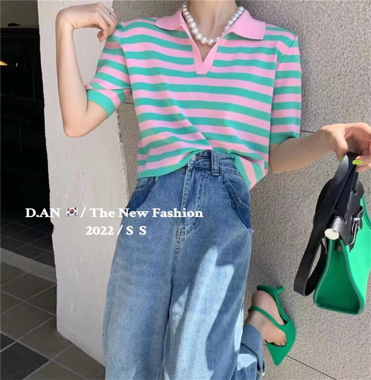 [d.an] Korean color contrast stripe polo collar T-shirt 8878# zxx