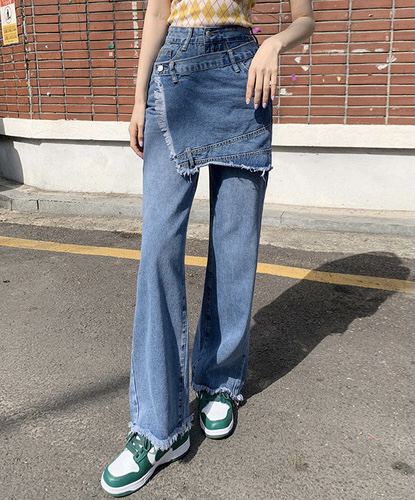 [savage] Korean minority design sense Retro High Waist fake two-piece jeans e8165# WPL