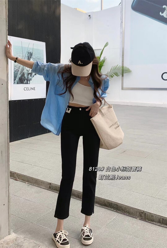 Original price 72.00! New in early summer! [Cho LAN hee] Korean version high waist label cigarette tube nine point jeans 8129-1# lwy