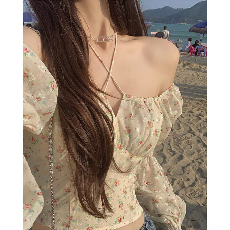 New in early summer! [by] bubble sleeve Floral Chiffon Blouse 0975# HBx