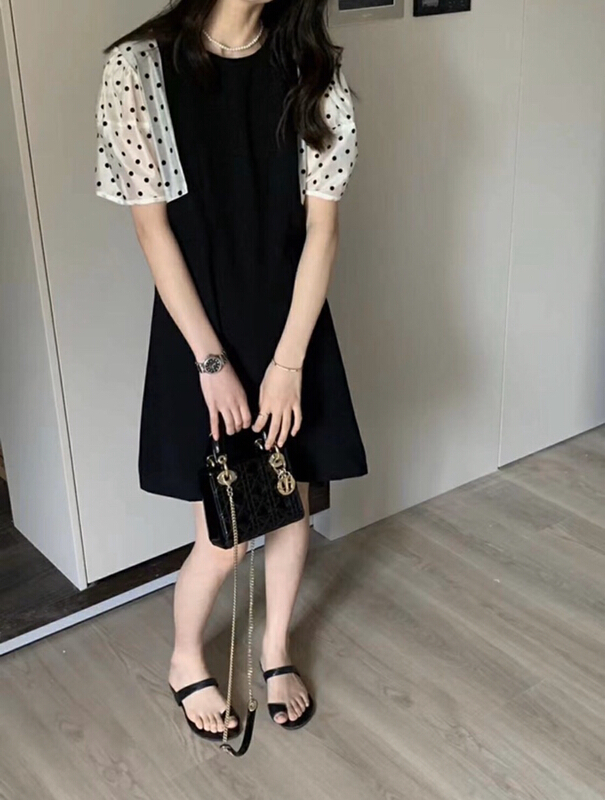 [Xiaoxiaojia] color contrast dot sleeve temperament dress 80600# WTT