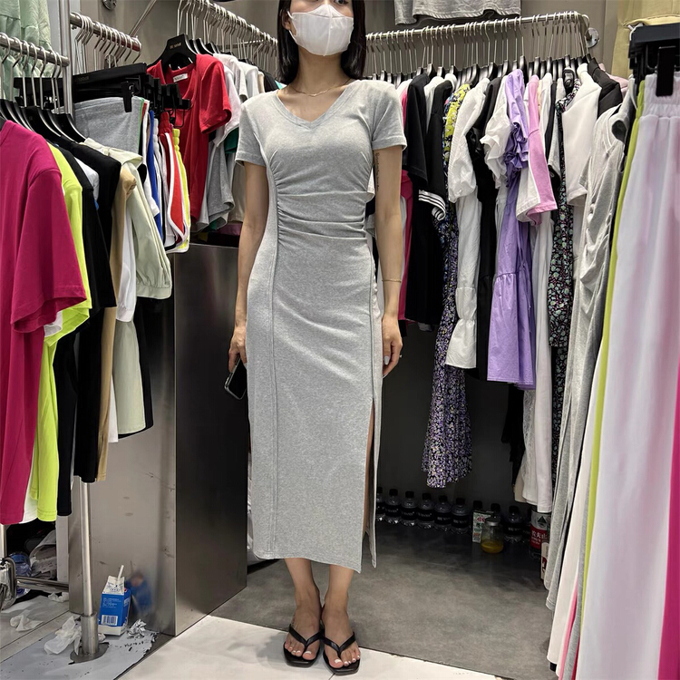 [Hb] cotton V-Neck long skirt with tapering design, thin dress (dress only) 8233# PCZ